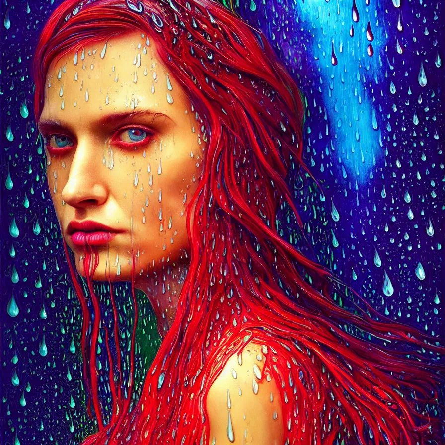 Image similar to bright asthetic portrait of LSD in rain with wet hair and face, liquid, fantasy, intricate, elegant, dramatic lighting, highly detailed, lifelike, photorealistic, digital painting, artstation, illustration, concept art, smooth, sharp focus, art by John Collier and Albert Aublet and Krenz Cushart and Artem Demura and Alphonse Mucha