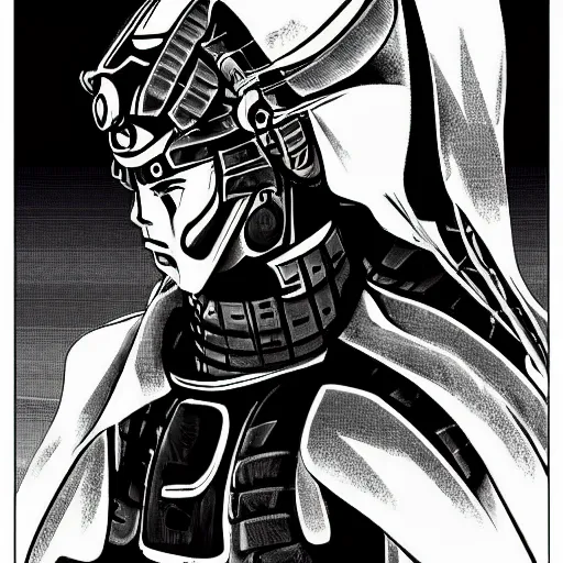 Image similar to a post - modern samurai cyborg in manga style, manga, black and white, japanese, action portrait art