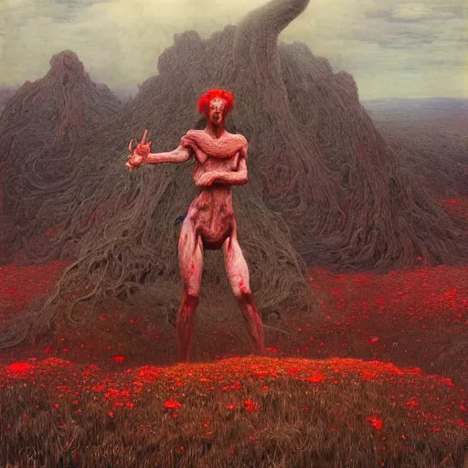 Image similar to A giant monster woman wearing clothes made out of thunder clouds and flowers red skin, mountains, Masterpiece, glowing, wires everywhere, by Edgar Maxence and Ross Tran, Zdzisław Beksiński, and Michael Whelan, distant, gustav dore, H.R. Giger, 8k, octane render