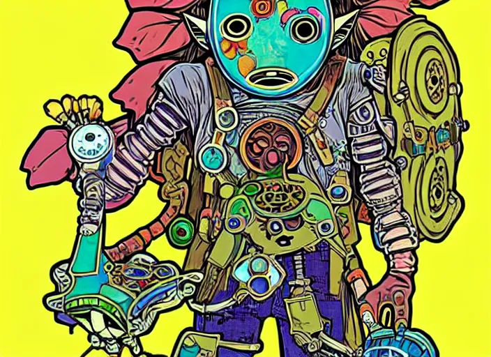 Image similar to biopunk majoras mask link from zelda!! portrait illustration, pop art, splash painting, art by geof darrow, ashley wood, alphonse mucha, makoto shinkai