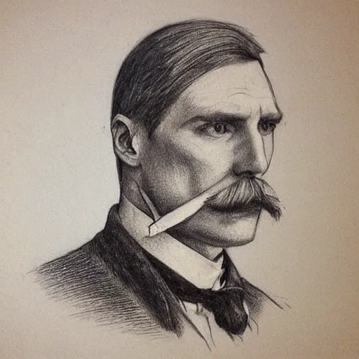 Image similar to A crosshatched portrait drawing of Jerma985 with a pyramidal mustache in the mid-late 1800s, cross haching, crosshatching, mid-late 1800s, grainy, realistic, hyperrealistic, very realistic, highly detailed, very detailed, extremely detailed, detailed, trending on artstation