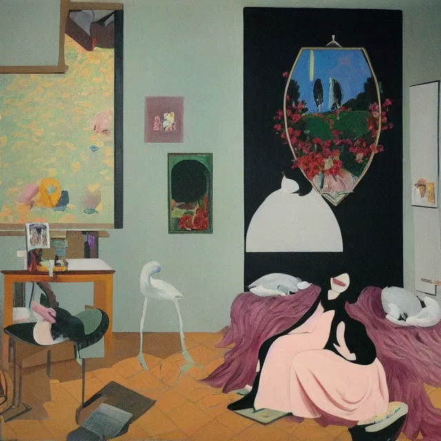 Image similar to female emo art student in her apartment, painting of flood waters inside an artist's feminine bedroom, a river flooding indoors, pomegranates, pigs, ikebana, water, octopus, river, rapids, waterfall, black swans, canoe, berries, zen, acrylic on canvas, surrealist, by magritte and monet