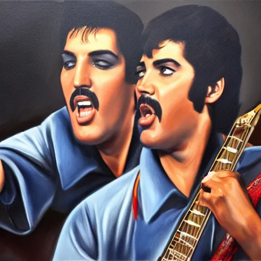 Image similar to elvis presley and freddie mercury singing together, oil painting, trending on art station, 8 k