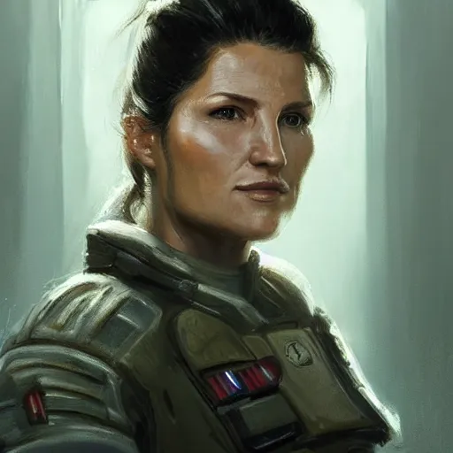 Image similar to portrait of a woman by greg rutkowski, she looks like gina carano, she is about 7 0 years old, impeccable military composure, wearing tactical gear of the galactic alliance, star wars expanded universe, highly detailed portrait, digital painting, artstation, concept art, smooth, sharp foccus ilustration, artstation hq