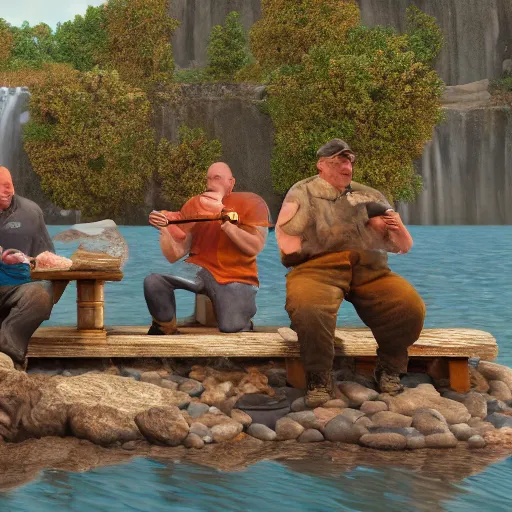 Prompt: a group of middle aged male men, eating fish, hyperrealistic, 4k, unreal engine