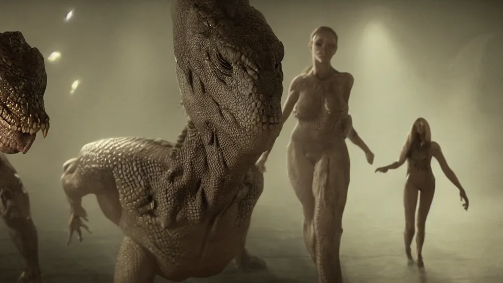 Image similar to movie scene of a human girl and a reptilian humanoid, reptile, reptilian, movie still, cinematic composition, cinematic light, criterion collection, re imagined by industrial light and magic, Movie by Andrzej Żuławski