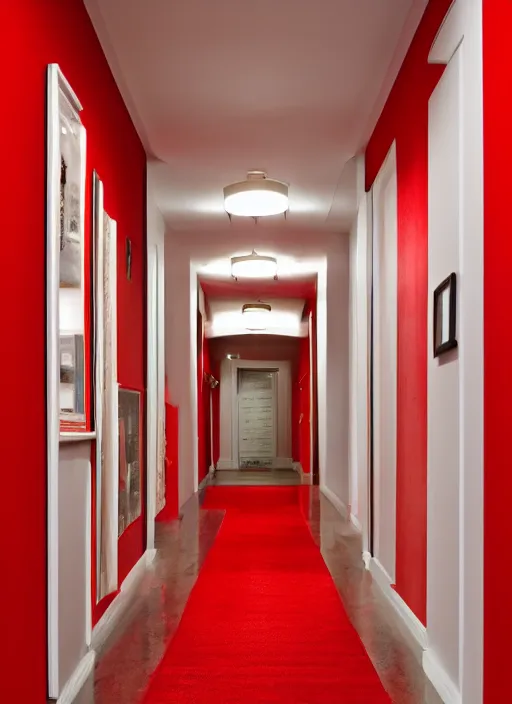 Prompt: a photograph of a hallway designed by Billy Baldwin, red color palette, 35mm, pentax, studio lighting