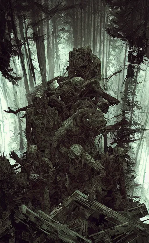 Prompt: delta green kill team, cabin in the woods, horror, night, something out there, intricate and very beautiful and highly detailed, elegant, digital painting, artstation, concept art, matte, smooth and sharp focus, illustration, art by tian zi and wlop and alsphonse mucha and artgerm and greg rutkowski