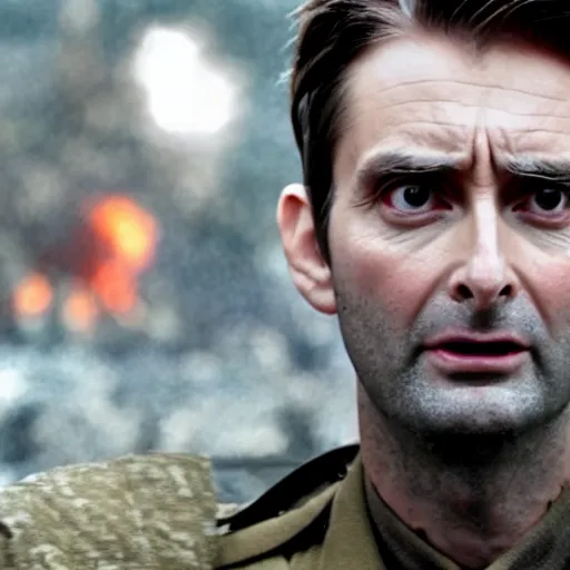 Image similar to david tennant as a world war 2 soldier in the battlefield, explosions in background, gunshots, longshot, centered shot, 4 k, found footage, shutterstock