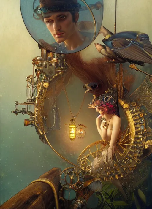 Image similar to hyper realistic fisherman, birds eye view, magical, gems, jewels, gold, steampunk, cyberpunk utopia, painted by tom bagshaw, mucha, gaston bussiere, craig mullins, j. c. leyendecker 8 k