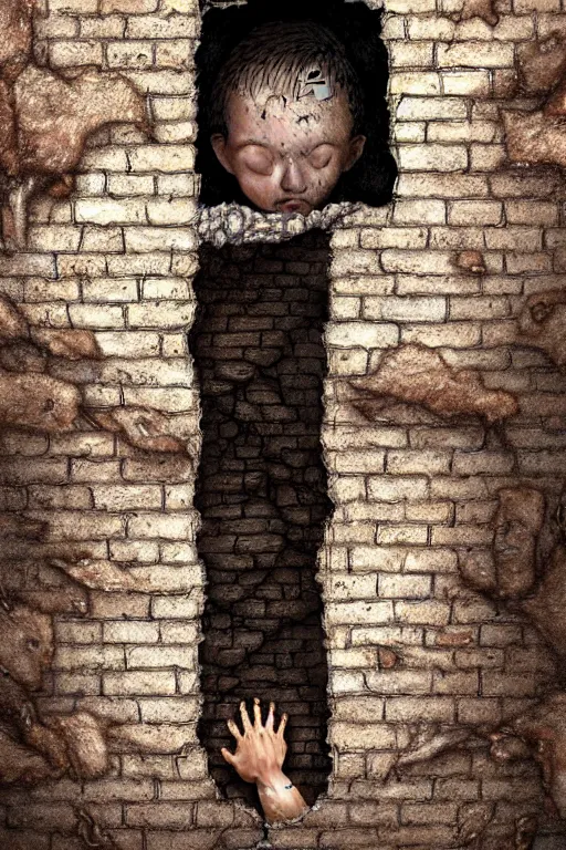 Prompt: giant crack hole on the brick concrete wall, child with dirty face watching from inside the crack reaching towards camera hand is holding a dirty ealistic teddybear. gloomy, intricate, elegant, highly detailed, digital painting, artstation, concept art, addiction, chains, smooth, sharp focus, illustration, art by ilja repin