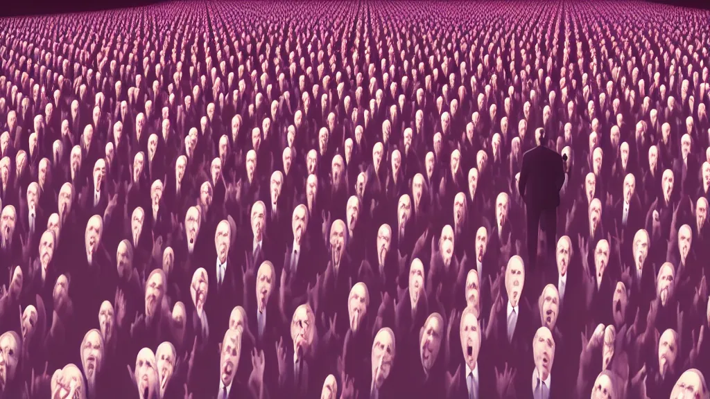 Image similar to 1000 Obama clones chanting ; cinema render by Beeple, 4K