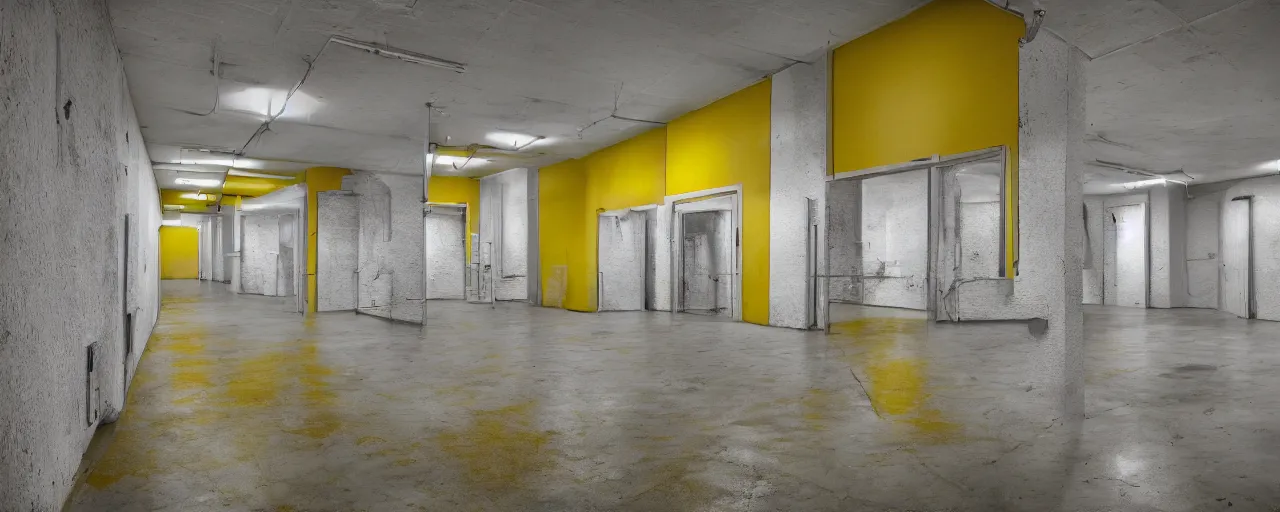 Image similar to the backrooms, walls with a monochromatic tone of yellow, and buzzing fluorescent lights, extremely high detail, photo realistic, post processed, cinematic, 8k UHD