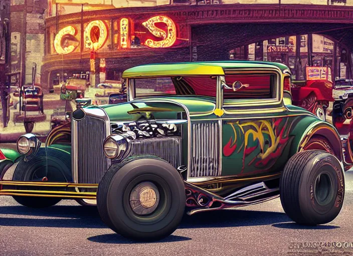 Image similar to touring chicago in a 1 9 3 0 model a ford hot rod, lowbrow style painting by jasmine becket - griffith and danny flynn 8 k resolution, octane render, detailed painting