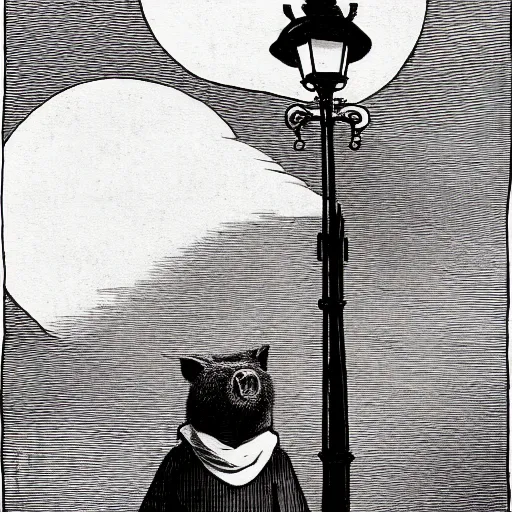 Image similar to standing pig in a tuxedo, moon, clouds, street lamp, high detail, eerie, street lamp, barn, creepy, dark, night, misty, moon, chiaroscuro, film noir, illustration by Gustave Doré,