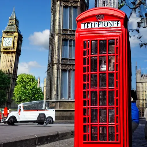 Prompt: caveman destroying telephone box with Big Ben in background