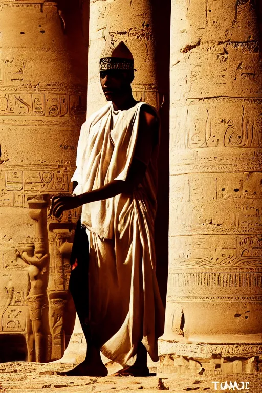 Image similar to a dramatic hero portrait of a live nubian temple guard in old egypt. photography photo art. cover of time magazine, dramatic light and shadow, saturated colors, ciaroscuro