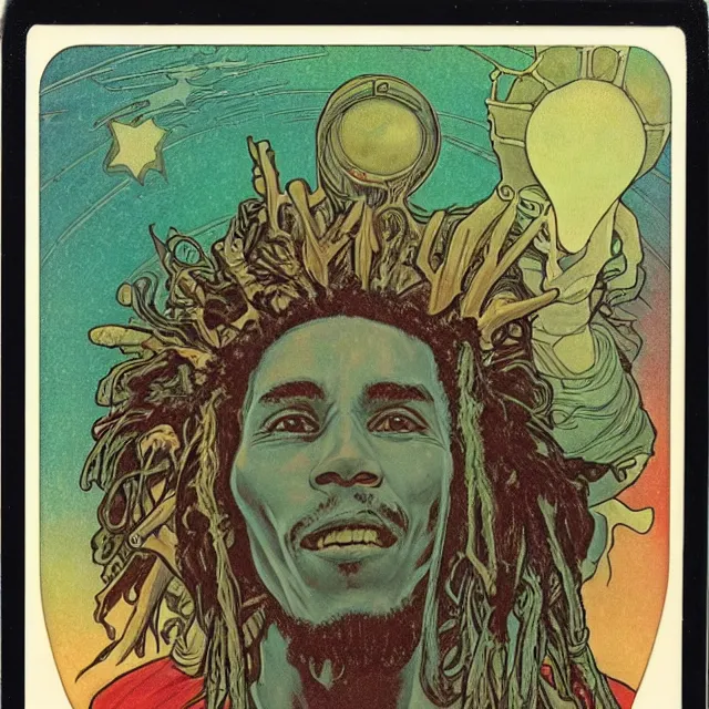 Image similar to polaroid of a vintage record cover by Franklin Booth showing a portrait of Bob Marley as a futuristic space shaman, Alphonse Mucha background, psychedelic art, star map, smoke, sciFi