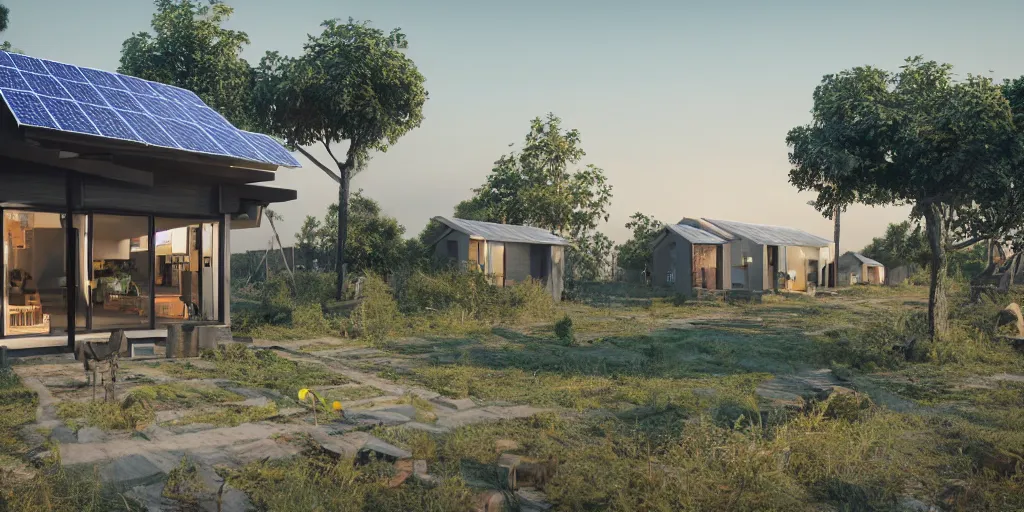 Image similar to hypermodern offgrid village connected houses with solarpanels integrated in nature, forte gimenes marcondes ferryz arquitetos detailed, octane render, photo realism, 3D, ray tracing, photo realism