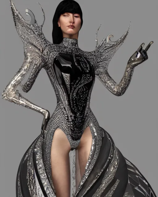 Image similar to a highly detailed metahuman 4 k close up render of a bella hadid in a black latex outfit monument renaissance in iris van herpen dress schiaparelli in diamonds crystals swarovski and jewelry iridescent in style of alphonse mucha gustav klimt trending on artstation made in unreal engine 4