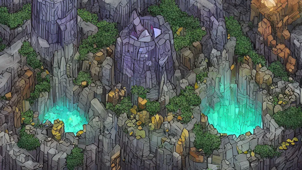 Image similar to Aerial view of a wizard tower surrounded by different kinds of gem mines and ominous caves, lineart, colored