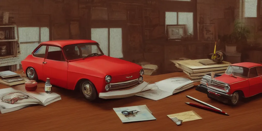 Prompt: a small miniature of a red Chevrolet Opala near a book and a pencil on a wooden table, hyperrealistic, concept art, octane render, unreal engine 5, path tracing, complementary colours, high quality, highly detailed, 4K, symmetrical, low contrast, serene landscape, calm, high coherence