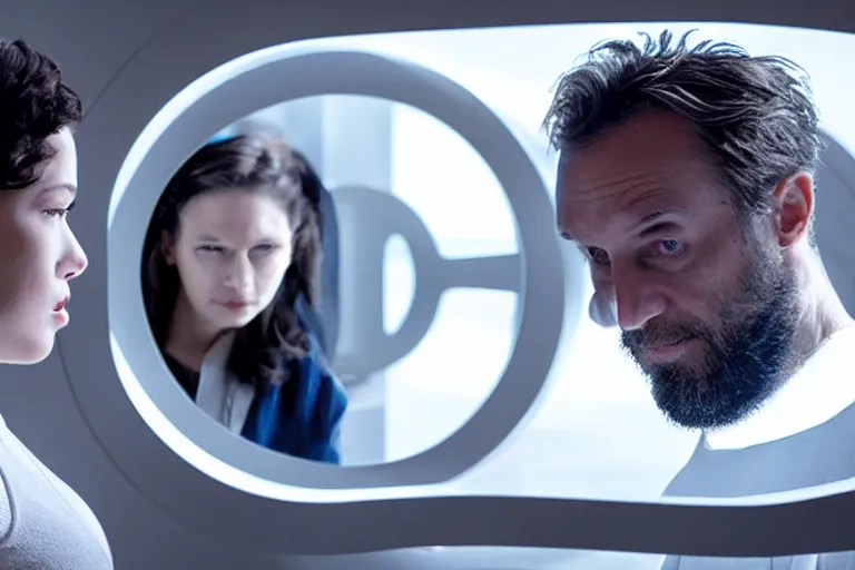 Image similar to movie closeup polar opposites, couple, researchers in a futuristic lab building inter dimensional portal machine, beautiful skin, Symmetrical faces. Beautiful lighting by Emmanuel Lubezki