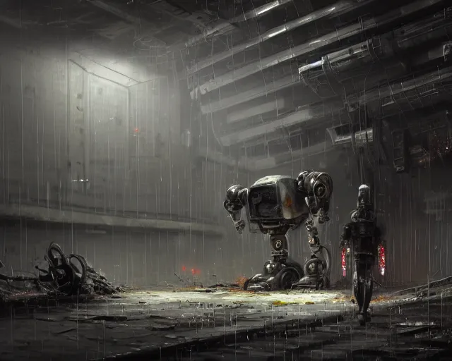 Image similar to robo in gloomy ruined server room in datacenter robot painting concept art of automata rusty steel robot knight colossus welder pacing mono eyed, sharp focus, emitting diodes, smoke, artillery, sparks, racks, motherboard, by pascal blanche rutkowski repin artstation hyperrealism detailed matte painting, 4 k resolution blade runner