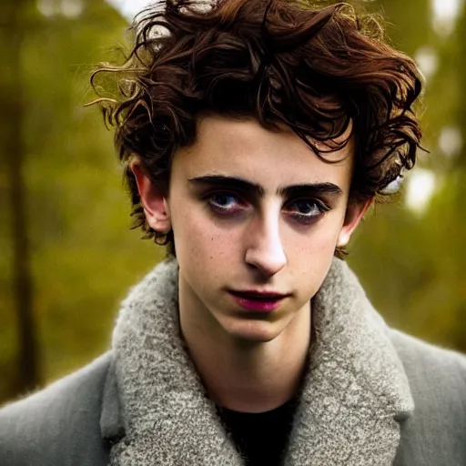 Prompt: Timothée Chalamet in real life, face centered portrait of Timothée Chalamet, Confident, fog, rain, volumetric lighting, beautiful, golden hour, sharp focus, ultra detailed, cgsociety by Leesha Hannigan, Ross Tran, Thierry Doizon, Kai Carpenter, Ignacio Fernández Ríos, noir art house, 4k, 35mm, fujifilm