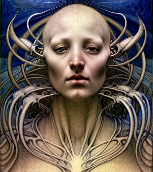 Prompt: detailed realistic beautiful young medieval alien robot grimez face portrait by jean delville, gustave dore and marco mazzoni, art nouveau, symbolist, visionary, gothic, pre - raphaelite. horizontal symmetry by zdzisław beksinski, iris van herpen, raymond swanland and alphonse mucha. highly detailed, hyper - real, beautiful, fractal baroque