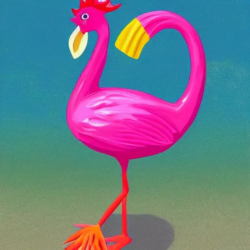 Prompt: chicken swimming with a pink flamingo floatie around it digital art