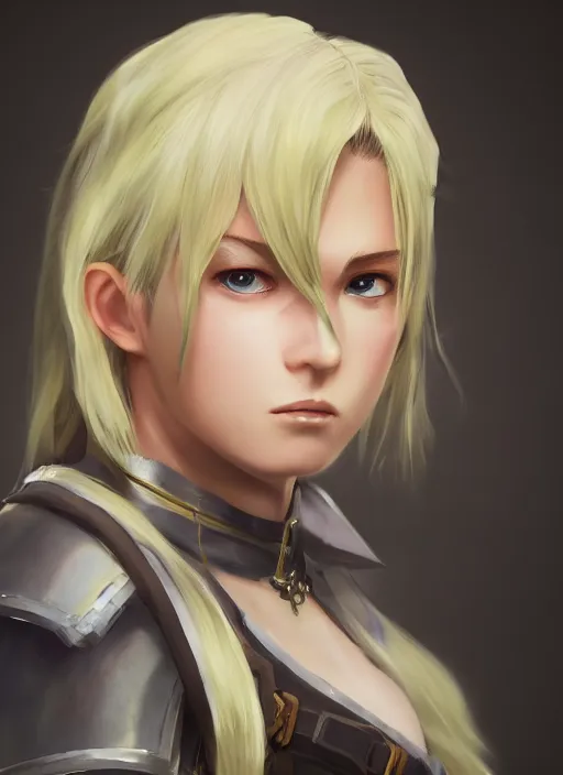 Image similar to An epic fantasy anime style portrait painting of a young blonde thief, unreal 5, DAZ, hyperrealistic, octane render, cosplay, RPG portrait, dynamic lighting