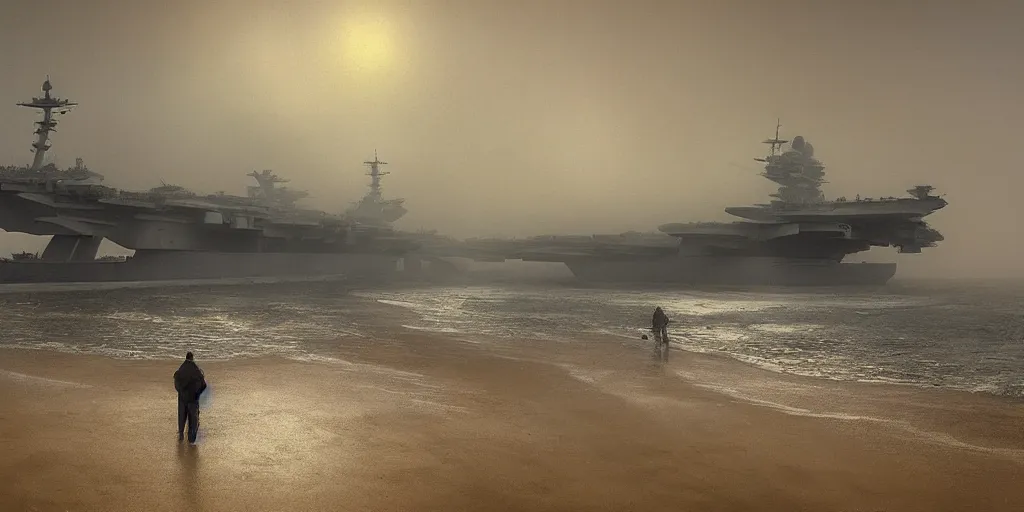 Prompt: on a foggy morning, a huge aircraft carrier was stranded on the beach, by craig mullins