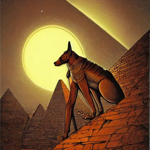 Image similar to Anubis at the top of a pyramid, fisheye lens, gerald brom