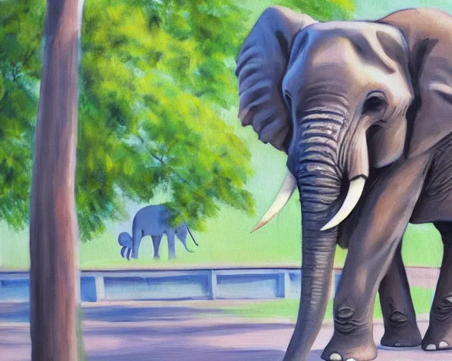 Prompt: an elephant painting a picture with its trunk holding a paintbrush while standing outside in a park on a sunny day, octane, shot on an iphone,