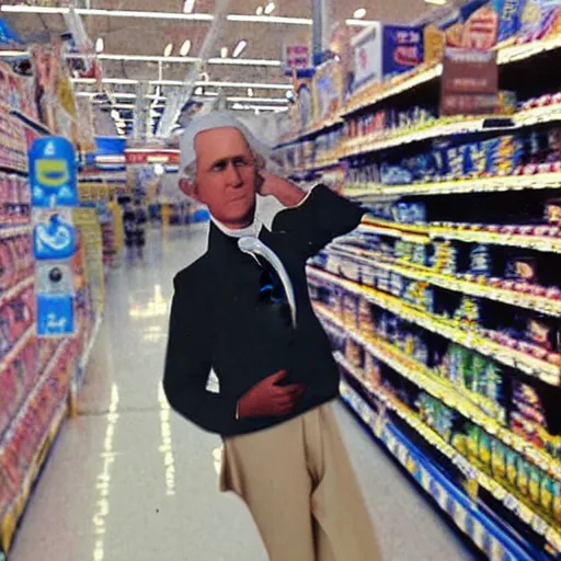 Prompt: professional color photo of George Washington taking a selfie in Walmart, 4k