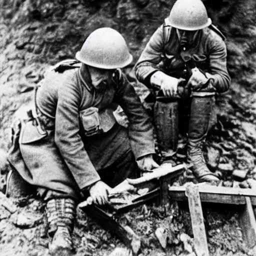 Image similar to ww 1, in the trenches. two soldiers fixing a telegraphy line while their corps is under attack