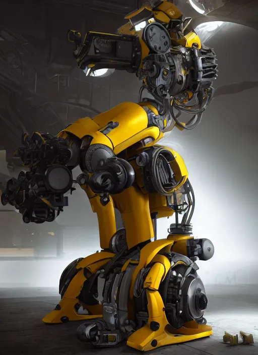 Image similar to a photorealistic dramatic hyperrealistic render of a futuristic exosuit power loader heavy machinery, ultra realistic details, glossy yellow by vitaly bulgarov and mike nash, beautiful dramatic dark moody tones and lighting, cinematic atmosphere, studio lighting, shadows, dark background, octane render, 8 k