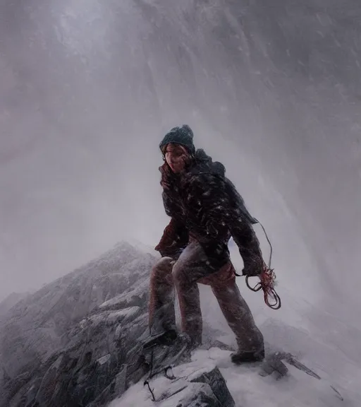 Image similar to a climber climbs a snowy mountain in a storm, portrait, close view, painting by craig mullins, octane rendering, soft morning lighting, wide angle lens, in the style of hayao miyazaki, trending on artstation,