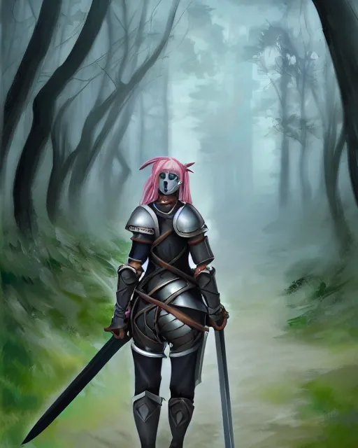 Prompt: concept art of a thicc knight girl, wearing heavy medival knight armor, holding a long sword, walking through a foggy oak forest | | epic - fine - clean, polished, trending on artstation, brush strokes