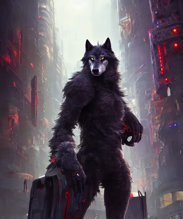 Prompt: portrait of a male anthropomorphic dark gray wolf, long red hair, blue eyes, in a futuristic city, hyper detailed, digital art, trending in artstation, cinematic lighting, studio quality, smooth render, unreal engine 5 rendered, octane rendered, art style by pixar dreamworks warner bros disney riot games and overwatch.