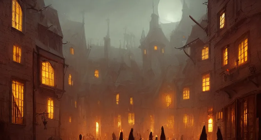 Prompt: A digital concept art painting of a medieval european town full of candle-lit windows floating in air, hooded figures, golden hour, by Greg Rutkowski, trending on Artstation