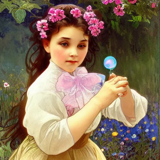 Prompt: a little girl in a beautiful garden blowing bubbles. beautiful painting with high quality detailed face by disney and alphonse mucha