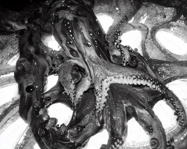 Image similar to camera footage of a extremely aggressive Giant mutated Octopus with glowing white eyes in an abandoned shopping mall, Psychic Mind flayer, Terrifying :7 , high exposure, dark, monochrome, camera, grainy, CCTV, security camera footage, timestamp, zoomed in, Feral, fish-eye lens, Fast, Radiation Mutated, Nightmare Fuel, Wolf, Evil, Bite, Motion Blur, horrifying, lunging at camera :4 bloody dead body, blood on floors, windows and walls :5