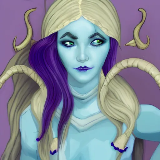 Prompt: female necromancer with pale blue skin, indigo hair and curved horns wearing a purple sweater