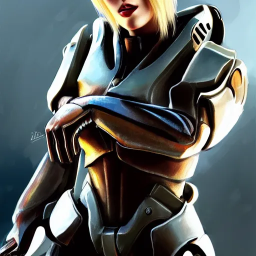 Image similar to A combination of Ada Wong's and Grace Kelly's and Katheryn Winnick's appearances with blonde hair wearing Master Chief's armor from Halo, high tech, action shot, angular, full body portrait, futuristic, dramatic, fantasy, intricate, elegant, highly detailed, digital painting, artstation, concept art, sharp focus, illustration, 8K, art by Donato Giancola and James Gurney