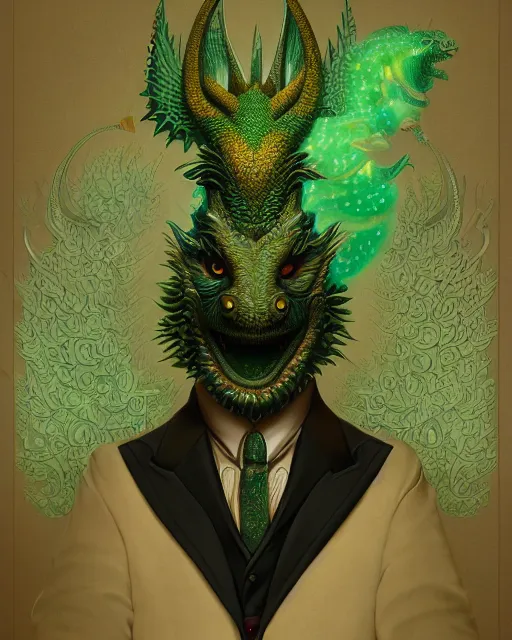 Image similar to anthropomorphic art of a businessman dragon, green dragon, portrait, victorian inspired clothing by artgerm, victo ngai, ryohei hase, artstation. fractal papers, newspaper. stock certificate, highly detailed digital painting, smooth, global illumination, fantasy art, jc leyendecker