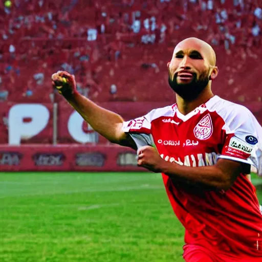 Prompt: football player terrence boyd in a red jersey of the 1.fc kaiserslautern celebrating a goal, anime style, by Akira Toriyama, very highly detailed, sunny weather