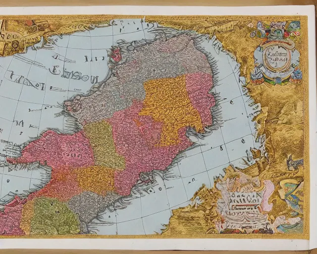 Prompt: highly detailed colourful ancient map of the united kingdom, flat earth model, beautiful caligraphy and notations, beautiful detailed illustrations, ancient lost artefacts, 3 5 mm film photo, maximalist,