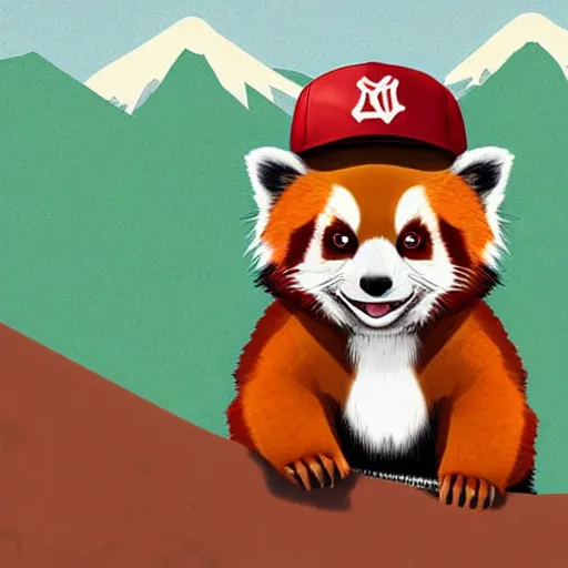 Prompt: digital art of adventurous red panda wearing a baseball cap climbing a mountain